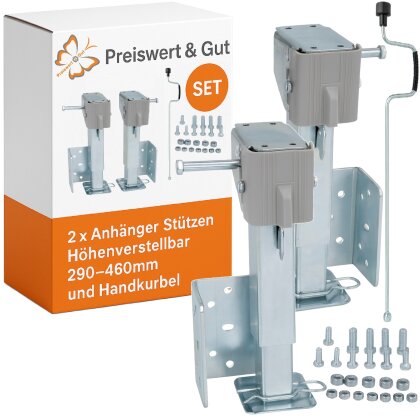2x Anhänger Stützen Höhenverstellbar 290–460mm - Kurbelstütze mit Befestigungsmaterial und Handkurbel - Wohnwagen Stützen bis 500Kg - die Ausdrehstütze ist aus Stahl Q235 mit Zinklegierung