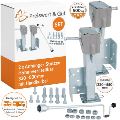 2 x Anhänger Stützen Höhenverstellbar 330–530mm - Kurbelstütze mit Befestigungsmaterial und Handkurbel - Wohnwagen Stützen bis 500Kg - die Ausdrehstütze ist aus Stahl Q235 mit Zinklegierung