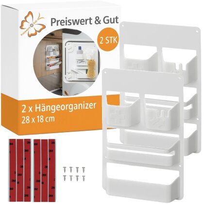 2 STK Hänge Organizer Camping Zubehör Hängeregal 4 Fächer 28 x 18 cm Türorganisation mit Schrauben und 3M Aufkleber, flexible Befestigung für Camping