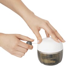 Multizerkleinerer Manuell mit Seilzug – Ø9 x 9,5 cm – Zwiebelschneider u Gemüsehacker für Zwiebeln u Gemüse, 3 scharfe Edelstahlklingen, 240ml, Grau Weiß