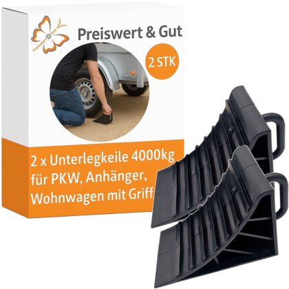 PKW Anhänger Zubehör – 2x stabile Unterlegkeile ca. 14,8 x 9,5 x 7 cm, Griffbreite 7 cm, Tiefe 3 cm – robuste Wohnmobilausstattung, Keile Anhänger bis 4000 kg, kompakt, leicht, universell