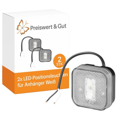 LED Positions-/Begrenzungsleuchte 65×65 mm, weiß, E-geprüft nach StVZO – 2er Set, links/rechts montierbar – für Heckträger & Fahrradträger, Wohnmobil/Wohnwagen, Anhänger