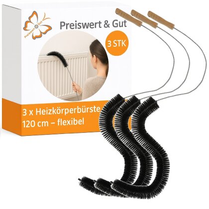 Preiswert&Gut Heizkörperbürste 120 cm – flexible Heizungsbürste mit Holzgriff & Aufhängeöse, schlanker Drahtstiel für Lamellen & Rückseite, effiziente Reinigung für Flach- & Rippenheizkörper 3er-Set
