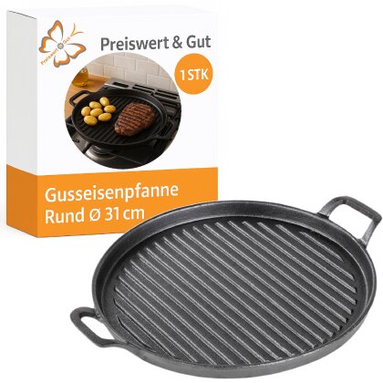 Gusseisenplatte rund Grillplatte Ø 31 cm aus Gusseisen massiv 2,9 kg mit Griffen für BBQ, Grill, Herd & Ofen, gleichmäßige Wärmeverteilung