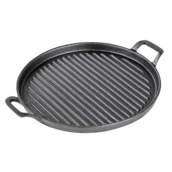 Gusseisen Pfanne Rund Grillplatte Ø 31 cm aus massiv 2,9 kg mit Griffen für BBQ, Grill, Herd & Ofen, gleichmäßige Wärmeverteilung auf der Platte