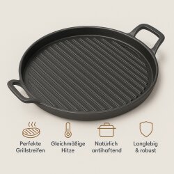 Gusseisen Pfanne Rund Grillplatte Ø 31 cm aus massiv 2,9 kg mit Griffen für BBQ, Grill, Herd & Ofen, gleichmäßige Wärmeverteilung auf der Platte