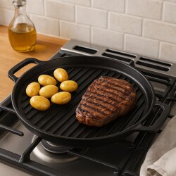 Gusseisenplatte rund Grillplatte Ø 31 cm aus Gusseisen massiv 2,9 kg mit Griffen für BBQ, Grill, Herd & Ofen, gleichmäßige Wärmeverteilung