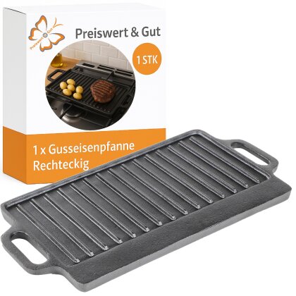 Gusseisen Pfanne Grillplatte rechteckig 40 x 20,5 cm massiv 2,7 kg mit Griffen für BBQ Grill Gasherd Induktion Backofen gleichmäßige Hitze Pfanne Bratplatte