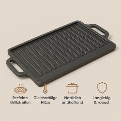Gusseisen Pfanne Grillplatte rechteckig 40 x 20,5 cm massiv 2,7 kg mit Griffen für BBQ Grill Gasherd Induktion Backofen gleichmäßige Hitze Pfanne Bratplatte