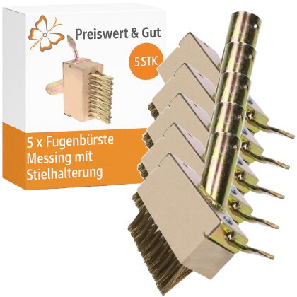 Fugenbürste Messing 5er Set mit Stielhalterung Fugenkratzer und Stahlbürste mit Edelstahlborsten 3 Reihen mit Schaber für Terrasse
