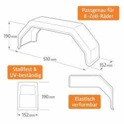 Kotflügel für Anhänger 8 Zoll 2er Set stoßfest und UV-beständig aus Kunststoff Schutzblech 510 x 190 x 152 mm elastisch