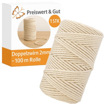 Doppelzwirn 2 mm – 100m Rolle Baumwollgarn aus Leinenfaser – Flachsseil für Makramee, Outdoor, Basteln & Dekoration – Made in Germany