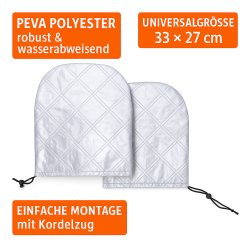 Seitenspiegel Schneedecke 2er Set – Frostschutz und Schneeabdeckung für PKW Außenspiegel – Universalgröße 33 x 27 cm mit Kordelzug – PEVA Polyester Material silber wasserabweisend und robust