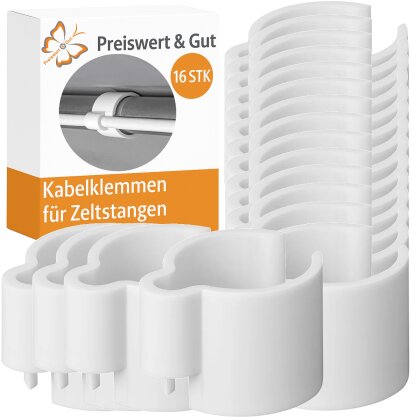 Kabelklemmen Set 16 Stück Weiß für Zeltstangen 22 bis 32 mm Kabelführung bis 7 mm Montage ohne Bohren Zeltzubehör für Pavillon Wohnmobil Vorzelt sichere Befestigung für Stromkabel und Lichtleitungen