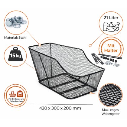 Fahrradkorb hinten Metall schwarz 420x300x200 mm Gepäckträgerkorb Fahrrad inkl Befestigungsmaterial Transport Schultaschenkorb 21L 15kg Traglast Wabengitter
