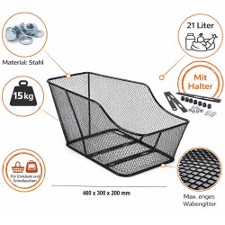 Fahrradkorb hinten Metall schwarz 460x300x200 mm Gepäckträgerkorb Fahrrad inkl Befestigungsmaterial Transport Schultaschenkorb 21L 15kg Traglast Wabengitter