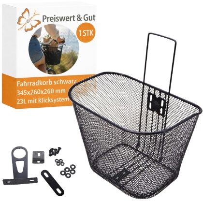 Metall Fahrradkorb schwarz 335 x 270 x 260 mm 23L mit Klicksystem Lenkeradapter vorne für Fahrräder inkl Montagematerial Tragebügel Griff 5kg Traglast Kippschutz