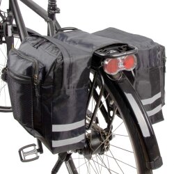 Fahrrad Gepäckträgertasche Doppel 46L Fahrradtasche Set wasserabweisend Nylon PVC 6 Fächer Reflektorstreifen 2×15L Hauptfach 2×5L Seitentasche 2×3L Netzfach schwarz