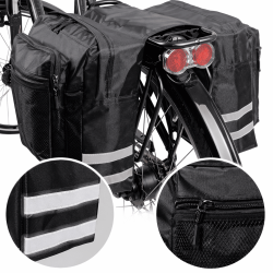 Fahrrad Gepäckträgertasche Doppel 46L Fahrradtasche Set wasserabweisend Nylon PVC 6 Fächer Reflektorstreifen 2×15L Hauptfach 2×5L Seitentasche 2×3L Netzfach schwarz