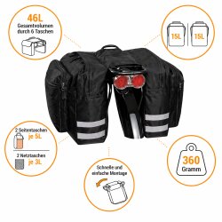 Fahrrad Gepäckträgertasche Doppel 46L Fahrradtasche Set wasserabweisend Nylon PVC 6 Fächer Reflektorstreifen 2×15L Hauptfach 2×5L Seitentasche 2×3L Netzfach schwarz