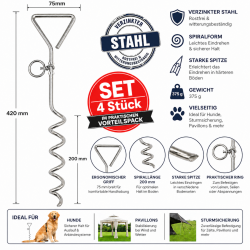 4x Erdanker 420 mm Bodenanker verzinkt Spiralanker 8 mm Schaft mit Griff 75 mm Spirale 200 mm Sturmsicherung Zelt Pavillon Vorzelt Camping Hundepfahl Outdoor Befestigung