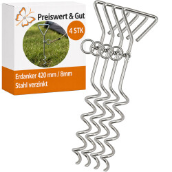 4x Erdanker 420 mm Bodenanker verzinkt Spiralanker 8 mm Schaft mit Griff 75 mm Spirale 200 mm Sturmsicherung Zelt Pavillon Vorzelt Camping Hundepfahl Outdoor Befestigung