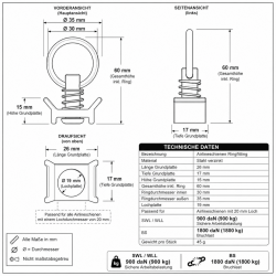 10x Airlineschiene Fitting 1 Zoll 25,4 mm Airline Schiene SWL /WLL daN 900 Arbeitsbelastung 900 kg verzinkt Ring Innen 30 mm Zurröse für Anhänger