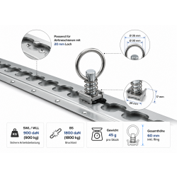 10x Airlineschiene Fitting 1 Zoll 25,4 mm Airline Schiene SWL /WLL daN 900 Arbeitsbelastung 900 kg verzinkt Ring Innen 30 mm Zurröse für Anhänger