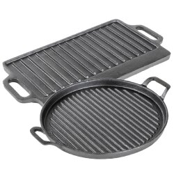 2 STK Gusseisenpfanne Durchmesser 31cm Rund 2,9kg Eckig 40x20 cm mit Griffen Grill Platte BBQ