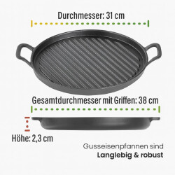 2 STK Gusseisenpfanne Durchmesser 31cm Rund 2,9kg Eckig 40x20 cm mit Griffen Grill Platte BBQ