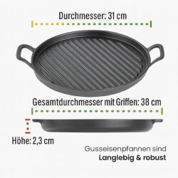 Gusseisenplatte 2er Set rund Ø 31 cm 2,9kg und eckig 40 x 20,5 cm massiv 2,7 kg Grillplatte aus Gusseisen massiv mit Griffen für BBQ, Grill, Herd & Ofen, gleichmäßige Wärmeverteilung