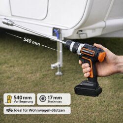 Wohnwagen Kurbel für Akkuschrauber stabile Stahl Verlängerung 54 cm 17 mm 6-Kant Adapter für Ausdrehstützen und Kurbelstützen